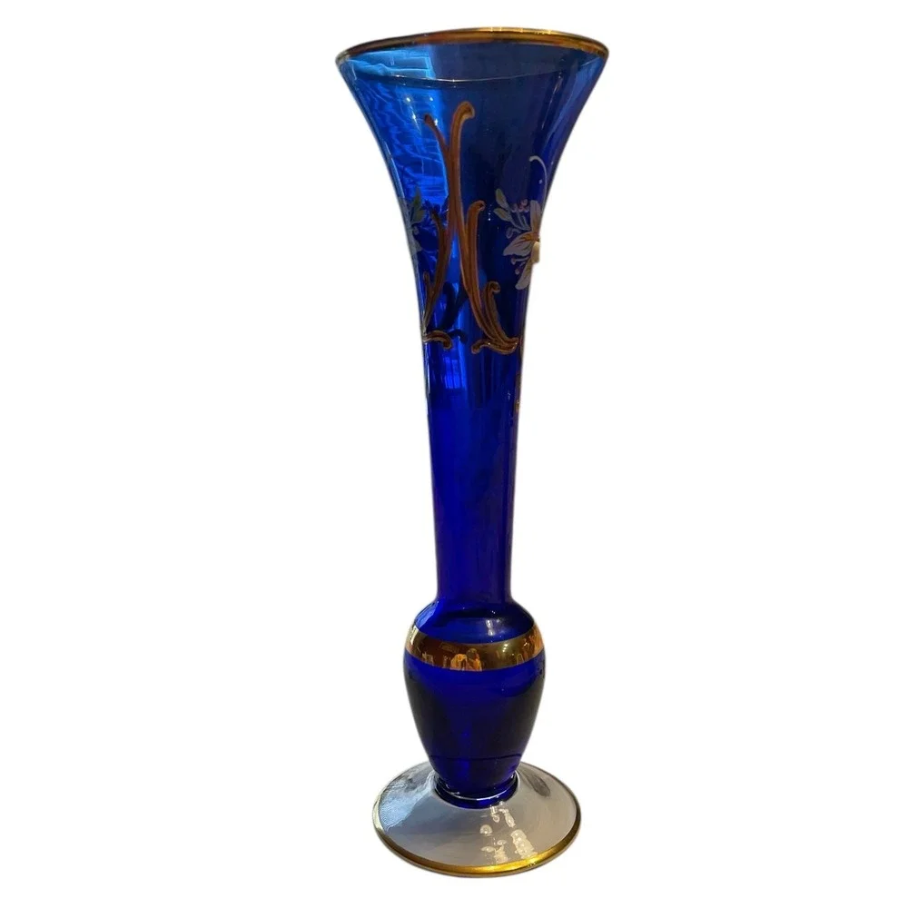 Bohemian Czech Cobalt Blue Art Glass Vase Gold Floral Trumpet 9.75